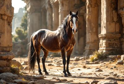 Primary subject: A brown horse standing in a dirt area.

Setting/background: The horse is standing in front of a stone building, which could be a temple or a historical monument.

Visual style: The image is a photo of the horse in the dirt area.

Colors and mood: The horse is brown, and the overall atmosphere of the image is calm and serene.
