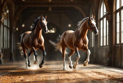 Primary subject: Two brown horses running in a building.

Setting/background: The horses are running in a large, open building with a dirt floor.

Visual style: The image is a photo of the two horses in motion.

Colors and mood: The colors in the image are predominantly brown, and the overall atmosphere is energetic and dynamic.