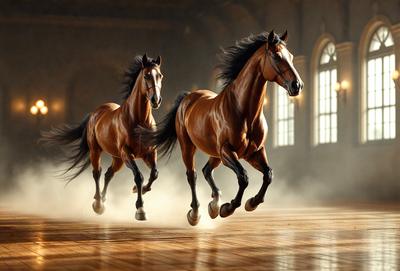 Primary subject: Two brown horses running in a building.

Setting/background: The horses are running in a large, open building with a wooden floor.

Visual style: The image is a digital art or illustration of the two horses running.

Colors and mood: The image has a warm and energetic atmosphere, with the brown horses as the main focus.