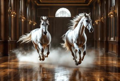 The primary subject of the image is two white horses running side by side in a large, ornate room. The setting appears to be a grand hall or a palace, with a marble floor and a high ceiling. The visual style of the image is a photo, capturing the horses in motion and the grandeur of the room. The colors in the image are predominantly white, giving the scene a clean and elegant atmosphere.