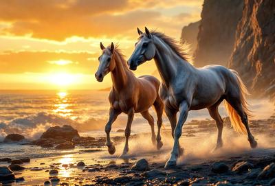 Primary subject: Two horses running on the beach.

Setting/background: The beach is the setting, with the ocean in the background.

Visual style: The image is a digital artwork.

Colors and mood: The colors are warm and vibrant, with a sunset-like atmosphere.