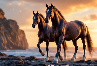 The primary subject of the image is a pair of horses standing on a beach near the ocean. The setting is a rocky shoreline, with the horses walking along the water's edge. The visual style of the image is a photo, capturing the horses in their natural environment. The colors and mood of the image are serene and peaceful, with the horses and the ocean creating a calming atmosphere.