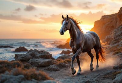 Primary subject: A brown horse running on a beach.

Setting/background: The beach has rocks and the ocean in the background.

Visual style: The image is a photo of the horse running on the beach.

Colors and mood: The image has a warm and vibrant color palette, with the brown horse and the ocean in the background creating a lively and energetic atmosphere.