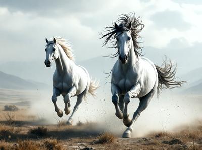 Primary subject: Two white horses running in a field.

Setting/background: The horses are running in a field with a mountain in the background.

Visual style: The image is a photo of the two horses running.

Colors and mood: The image has a sepia tone, giving it a warm and nostalgic atmosphere.