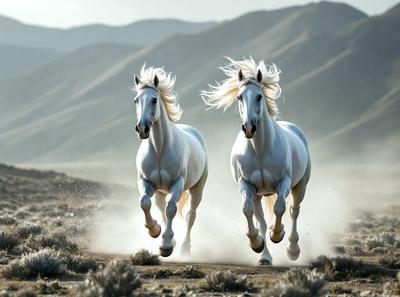 Primary subject: Two white horses running on a dirt road.

Setting/background: The horses are running in a desert-like environment, with a dusty road and a mountainous background.

Visual style: The image is a photo of the two horses running in the desert.

Colors and mood: The image has a warm and natural color palette, with the white horses standing out against the dusty road and mountainous background. The overall atmosphere is energetic and dynamic, as the horses are in
