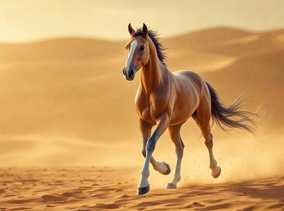 Primary subject: A brown horse running on a sandy surface.

Setting/background: The horse is running in a desert-like environment, with sand and a dirt surface visible.

Visual style: The image is a photo of the horse in motion.

Colors and mood: The dominant colors are brown and orange, with a warm and natural atmosphere.