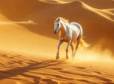Primary subject: A white horse running on a sandy surface.

Setting/background: The horse is running on a sandy beach or desert-like environment.

Visual style: The image is a photo of the horse in motion.

Colors and mood: The image has a warm and natural color palette, with the white horse standing out against the sandy background.