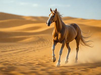 Primary subject: A brown horse running in the sand.

Setting/background: A desert landscape with sand and dunes.

Visual style: A photo of the horse running in the sand.

Colors and mood: The image is in black and white, giving it a classic and timeless feel. The brown horse and the sandy desert create a sense of freedom and adventure.