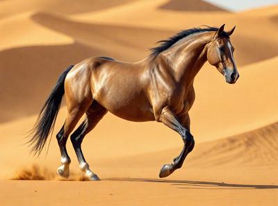 Primary subject: A brown horse running on a sandy surface.

Setting/background: The horse is running in a desert-like environment, with sand and dirt visible in the background.

Visual style: The image is a photo of the horse in motion.

Colors and mood: The dominant colors are brown and orange, with a warm and dry atmosphere.