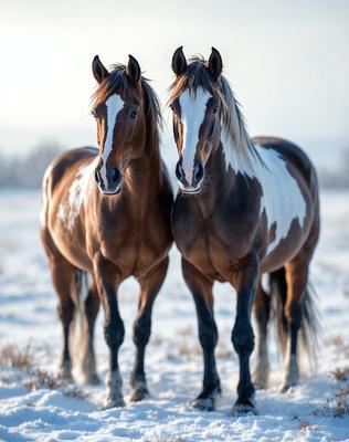 The primary subject of the image is two brown and white horses standing in the snow. They are positioned close to each other, creating a sense of companionship. The setting is a snowy field, which adds to the wintry atmosphere of the scene. The visual style of the image is a photo, capturing the horses in their natural environment. The colors and mood of the image are predominantly cold and serene, with the snow and the horses' contrasting colors creating a striking visual effect.