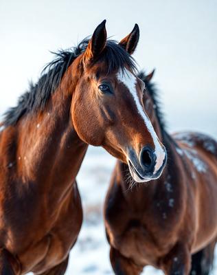 The primary subject of the image is a brown horse with a white face, standing in a snowy environment. The horse appears to be looking at the camera, and its white face stands out against the brown body. The setting is a snowy field, and the visual style is a photo. The colors and mood of the image are predominantly brown and white, with a slightly cold and wintry atmosphere.