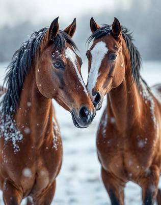The primary subject of the image is two brown horses standing next to each other in a snowy field. The setting is a winter landscape with snow covering the ground. The visual style of the image is a photo, capturing the horses in their natural environment. The colors and mood of the image are predominantly brown and cold, reflecting the winter season and the horses' connection to the snowy landscape.