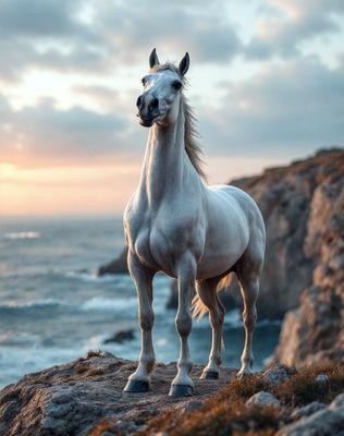 Primary subject: A white horse standing on a rocky hillside near the ocean.

Setting/background: The horse is standing on a rocky hillside with a rocky cliff in the background. The ocean is visible in the distance.

Visual style: The image is a photo of the horse on the rocky hillside.

Colors and mood: The image has a natural and serene atmosphere, with the white horse standing out against the rocky and ocean backdrop.