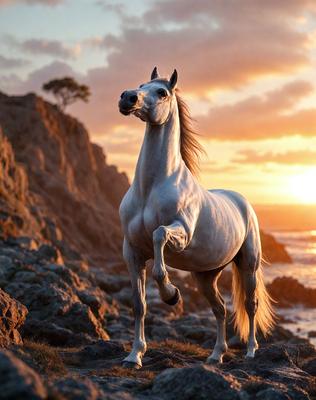 Primary subject: A white horse with a flowing mane, standing on a rocky hillside.

Setting/background: The horse is standing on a rocky hillside, with a beautiful sunset in the background.

Visual style: The image is a photo of the horse on the hillside.

Colors and mood: The colors in the image are warm and vibrant, with the sunset creating a serene and picturesque atmosphere.