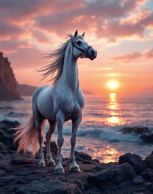 Primary subject: A white horse standing on rocks near the ocean.

Setting/background: The horse is standing on rocks near the ocean, with a beautiful sunset in the background.

Visual style: The image is a digital artwork, featuring a white horse with flowing hair.

Colors and mood: The image has a warm and serene atmosphere, with the sunset casting a golden glow over the scene.
