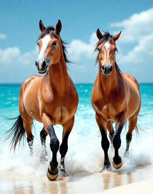 The primary subject of the image is two brown horses walking through the ocean. They are the main focus of the scene, and their presence creates a sense of adventure and freedom. The setting is the ocean, with waves and water surrounding the horses. The visual style of the image is a photo, capturing the horses in their natural environment. The colors and mood of the image are dominated by the ocean's blue and green hues, creating a serene and calming atmosphere.