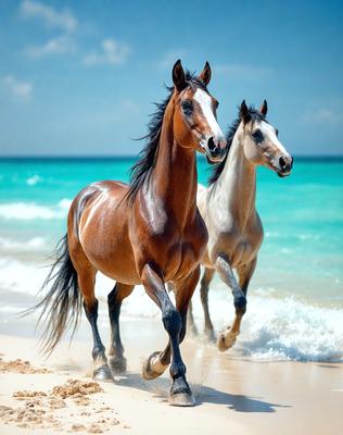 The primary subject of the image is a brown horse and a white horse running together on a beach. The setting is a beautiful beach with the ocean in the background. The visual style is a photo, capturing the horses in motion. The colors and mood of the image are vibrant and energetic, as the horses run along the shoreline.