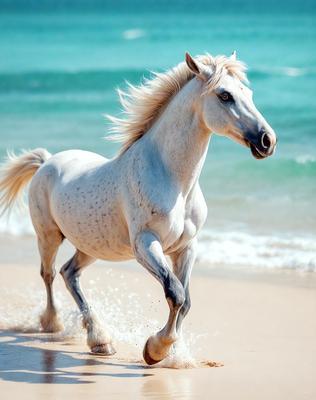 The primary subject of the image is a white horse with a flowing mane, walking on a beach near the ocean. The setting is a sandy beach with water in the background. The visual style is a photo of the horse in its natural environment. The colors and mood of the image are predominantly white and serene, as the horse gracefully moves along the shoreline.