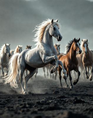 Primary subject: A white horse running in a field.

Setting/background: The horse is running in a field with other horses in the background.

Visual style: The image is a photo of the white horse running in the field.

Colors and mood: The image has a black and white color scheme, giving it a classic and timeless feel. The white horse stands out against the black and white background, creating a sense of motion and energy.