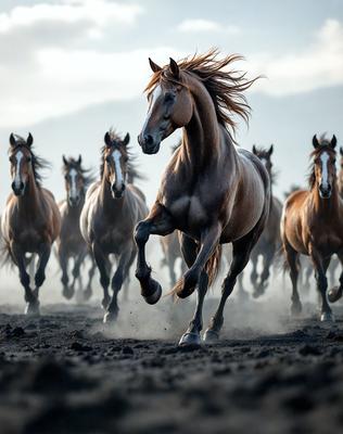 The primary subject of the image is a brown horse running through a field. The setting is a dirt field with a mountain in the background. The visual style is a photo, capturing the horse in motion. The colors and mood of the image are dominated by earthy tones, creating a sense of freedom and energy as the horse gallops through the field.