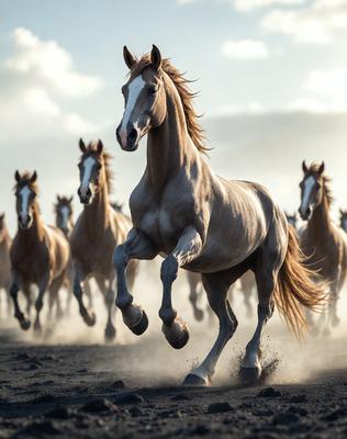 The primary subject of the image is a brown horse running through a field. The horse is the main focus of the scene, and it appears to be galloping with its mane flying in the wind. The setting is a field with a dirt surface, and the visual style is a photo. The colors in the image are predominantly brown and black, creating a sense of motion and energy.