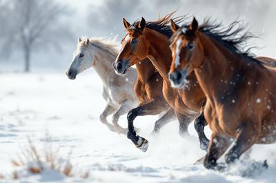 The primary subject of the image is a group of horses running through the snow. The setting is a snowy field, and the visual style is a photo. The dominant colors are white and brown, and the overall atmosphere is energetic and dynamic.