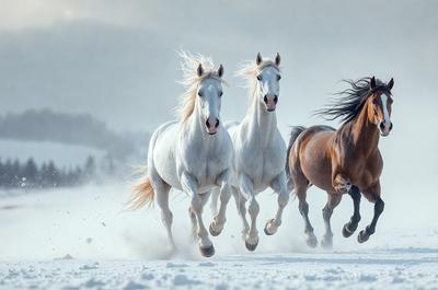 Primary subject: Three white horses running in the snow.

Setting/background: The scene takes place in a snowy environment, with the horses running through the snow.

Visual style: The image is a photo of the three white horses running in the snow.

Colors and mood: The dominant colors in the image are white and gray, with the snow creating a cold and wintry atmosphere.