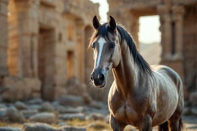 Primary subject: A brown horse with a white face.

Setting/background: An ancient stone structure, possibly a temple or monument.

Visual style: A photo of the horse in front of the stone structure.

Colors and mood: The horse has a brown and white color, and the overall atmosphere is calm and serene.