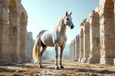 Primary subject: A white horse standing in front of a row of pillars.

Setting/background: The horse is standing in a desert-like environment, with a row of pillars in the background.

Visual style: The image is a photo of the horse and pillars.

Colors and mood: The image has a sepia tone, giving it a vintage and nostalgic feel. The horse and pillars create a sense of history and timelessness.