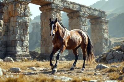 Primary subject: A brown horse with a white face.

Setting/background: The horse is standing in a field with a rocky background.

Visual style: The image is a photo of the horse.

Colors and mood: The horse has a brown and white color, and the overall atmosphere is natural and serene.