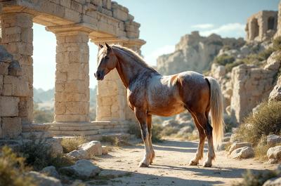 Primary subject: A brown horse standing in front of a stone building.

Setting/background: The horse is standing on a dirt road, with a stone building in the background. The environment appears to be a mix of natural and man-made elements.

Visual style: The image is a photo of the horse and the stone building.

Colors and mood: The image has a warm and earthy color palette, with the brown horse and the stone building as the main focal points. The overall atmosphere is
