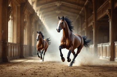 Primary subject: Two brown horses running in a building.

Setting/background: The horses are running in a building with a dirt floor.

Visual style: The image is a photo of the two horses running.

Colors and mood: The image has a sepia tone, giving it a vintage and nostalgic feel.