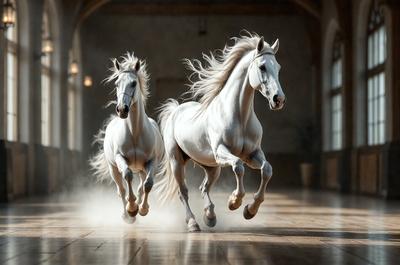 The primary subject of the image is a pair of white horses running side by side in a large, open space. The setting appears to be a courtyard or a similar outdoor area. The visual style of the image is a painting, which adds a sense of artistic expression and depth to the scene. The colors in the painting are predominantly white, which creates a clean and bright atmosphere. The overall mood of the image is energetic and dynamic, as the horses are captured in motion, showcasing their grace and
