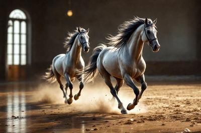 Primary subject: Two horses running in a dirt field.

Setting/background: The horses are running in a dirt field, with a wall in the background.

Visual style: The image is a photo of the two horses running.

Colors and mood: The image has a sepia tone, giving it a warm and nostalgic atmosphere.