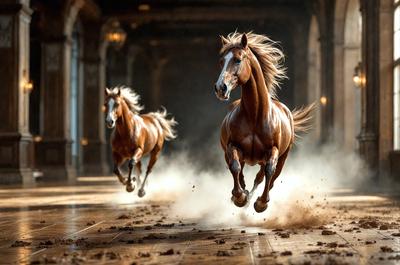 Primary subject: Two horses running in a courtyard.

Setting/background: The courtyard is made of stone, and there are two horses running through it.

Visual style: The image is a photo of the two horses running.

Colors and mood: The image has a sepia tone, giving it a warm and nostalgic atmosphere.