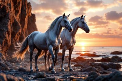 Primary subject: Two horses standing on a beach.

Setting/background: The horses are standing on a rocky beach near the ocean.

Visual style: The image is a digital artwork.

Colors and mood: The image has a warm and serene atmosphere, with the sunset casting a golden glow on the scene.