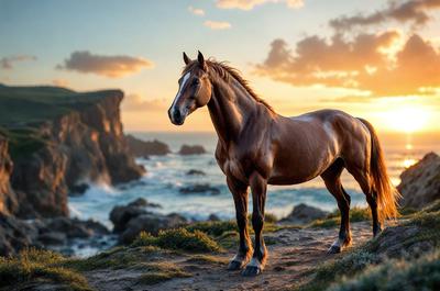 Primary subject: A brown horse standing on a grassy hillside near the ocean.

Setting/background: The horse is standing on a grassy hillside with a beautiful ocean view in the background.

Visual style: The image is a photo of the horse standing on the grassy hillside.

Colors and mood: The image has a warm and serene atmosphere, with the brown horse and the ocean creating a picturesque scene.