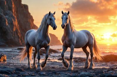 Primary subject: Two white horses standing on a beach.

Setting/background: The horses are standing on a rocky beach near the ocean.

Visual style: The image is a photo of the two horses.

Colors and mood: The image has a warm and serene atmosphere, with the sunset in the background creating a beautiful and peaceful scene.
