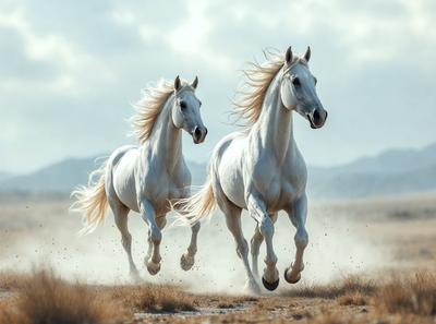 Primary subject: Two white horses running in the dirt.

Setting/background: A dusty field with mountains in the background.

Visual style: A photo of the two horses running.

Colors and mood: The image is in black and white, giving it a classic and timeless feel. The horses' white coats contrast with the dirt and dust, creating a sense of motion and energy.