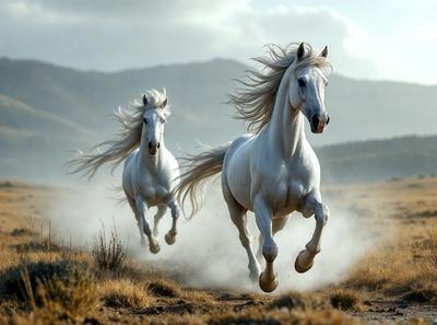 The primary subject of the image is a white horse running through a field. The setting is a grassy area with mountains in the background. The visual style is a photo of the horse in motion. The colors are predominantly shades of brown and green, with the white horse standing out against the natural backdrop. The overall atmosphere is energetic and dynamic, capturing the horse's movement and the beauty of the surrounding landscape.