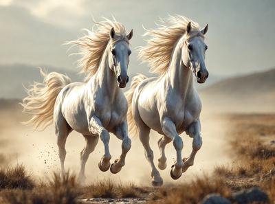 Primary subject: Two white horses running in the dirt.

Setting/background: A dusty field with mountains in the background.

Visual style: A photo of the two horses running.

Colors and mood: The image is in black and white, giving it a classic and timeless feel. The horses' white coats contrast with the dirt and dust, creating a sense of motion and energy.