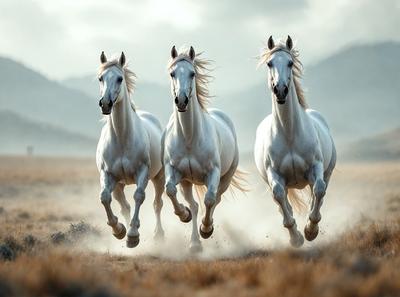 Primary subject: Three white horses running in a field.

Setting/background: A field with mountains in the background.

Visual style: A photo of the three horses running.

Colors and mood: The image is in black and white, giving it a classic and timeless feel. The horses are the main focus, and their movement and speed create a sense of energy and excitement.