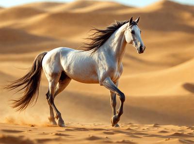 Primary subject: A white horse with a black mane running in a desert.

Setting/background: The horse is running in a sandy desert, with a sandy surface visible.

Visual style: The image is a photo of the horse in motion.

Colors and mood: The dominant colors are brown and beige, with a warm and natural atmosphere.