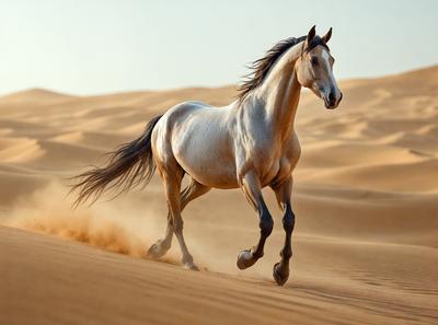 Primary subject: A horse running in the desert.

Setting/background: The horse is running on a sandy surface, with a desert-like environment in the background.

Visual style: The image is a photo of the horse running in the desert.

Colors and mood: The image has a warm and natural color palette, with the horse's coat and the sandy environment creating a sense of freedom and adventure.