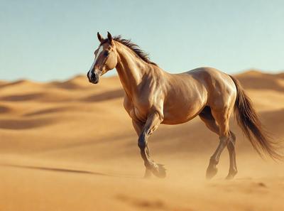 Primary subject: A brown horse running in the desert.

Setting/background: The horse is running through a sandy desert landscape.

Visual style: The image is a photo of the horse in motion.

Colors and mood: The dominant colors are brown and beige, with a warm and natural atmosphere.