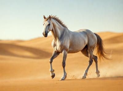 Primary subject: A horse running in the desert.

Setting/background: The horse is running on a sandy surface, with a desert-like environment in the background.

Visual style: The image is a photo of the horse running in the desert.

Colors and mood: The image has a warm and natural color palette, with the horse's body being a mix of white and brown. The overall atmosphere is energetic and dynamic, as the horse is captured in motion.