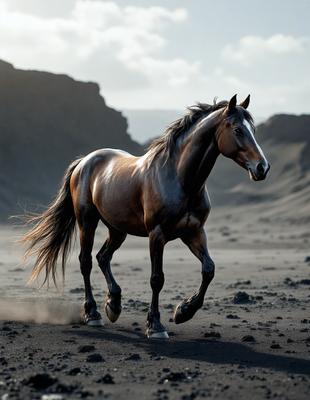 Primary subject: A brown horse running on a dirt ground.

Setting/background: The horse is running in a desert-like environment, with a rocky mountain in the background.

Visual style: The image is a photo of the horse in motion.

Colors and mood: The image has a sepia tone, giving it a vintage and nostalgic feel. The horse's movement and the desert setting create a sense of freedom and adventure.
