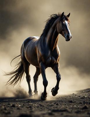 Primary subject: A brown horse running on a dirt road.

Setting/background: The horse is running on a dirt road, with a dusty environment surrounding it.

Visual style: The image is a photo of the horse in motion.

Colors and mood: The dominant colors are brown and orange, with a dusty and dynamic atmosphere.
