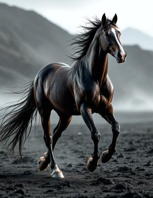 Primary subject: A horse running on a dirt ground.

Setting/background: The horse is running in a dirt field, with a mountain in the background.

Visual style: The image is a black and white photo.

Colors and mood: The image has a monochromatic color scheme, giving it a classic and timeless feel. The horse's movement and the mountain in the background create a sense of freedom and adventure.