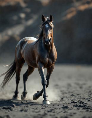The primary subject of the image is a brown horse running on a dirt road. The horse is the main focus of the scene, and it appears to be galloping or running at a fast pace. The setting is an outdoor environment with a dirt road, and the visual style is a photo. The colors in the image are predominantly brown and black, giving the scene a somewhat dramatic and intense atmosphere.